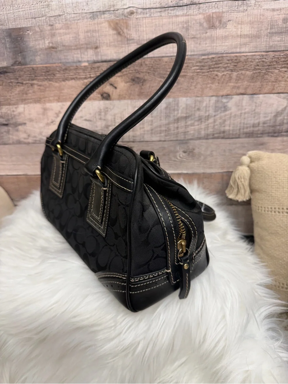 Coach Black On Graphite Signature Print Satchel N/A